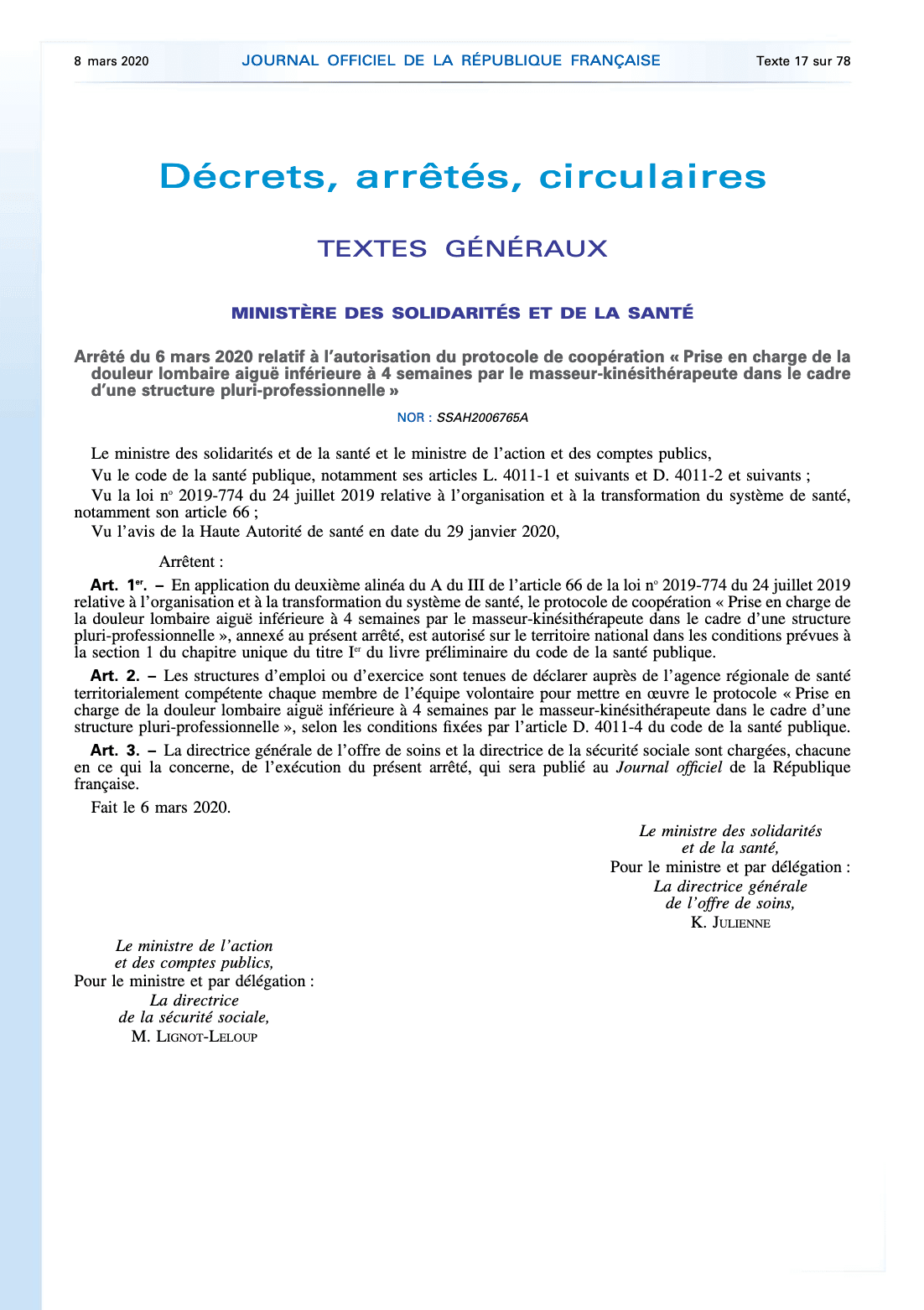 Couverture du décret de « Prise en charge de la douleur lombaire aiguë inférieure à 4 semaines par le masseur-kinésithérapeute dans le cadre d’une structure pluri-professionnelle »