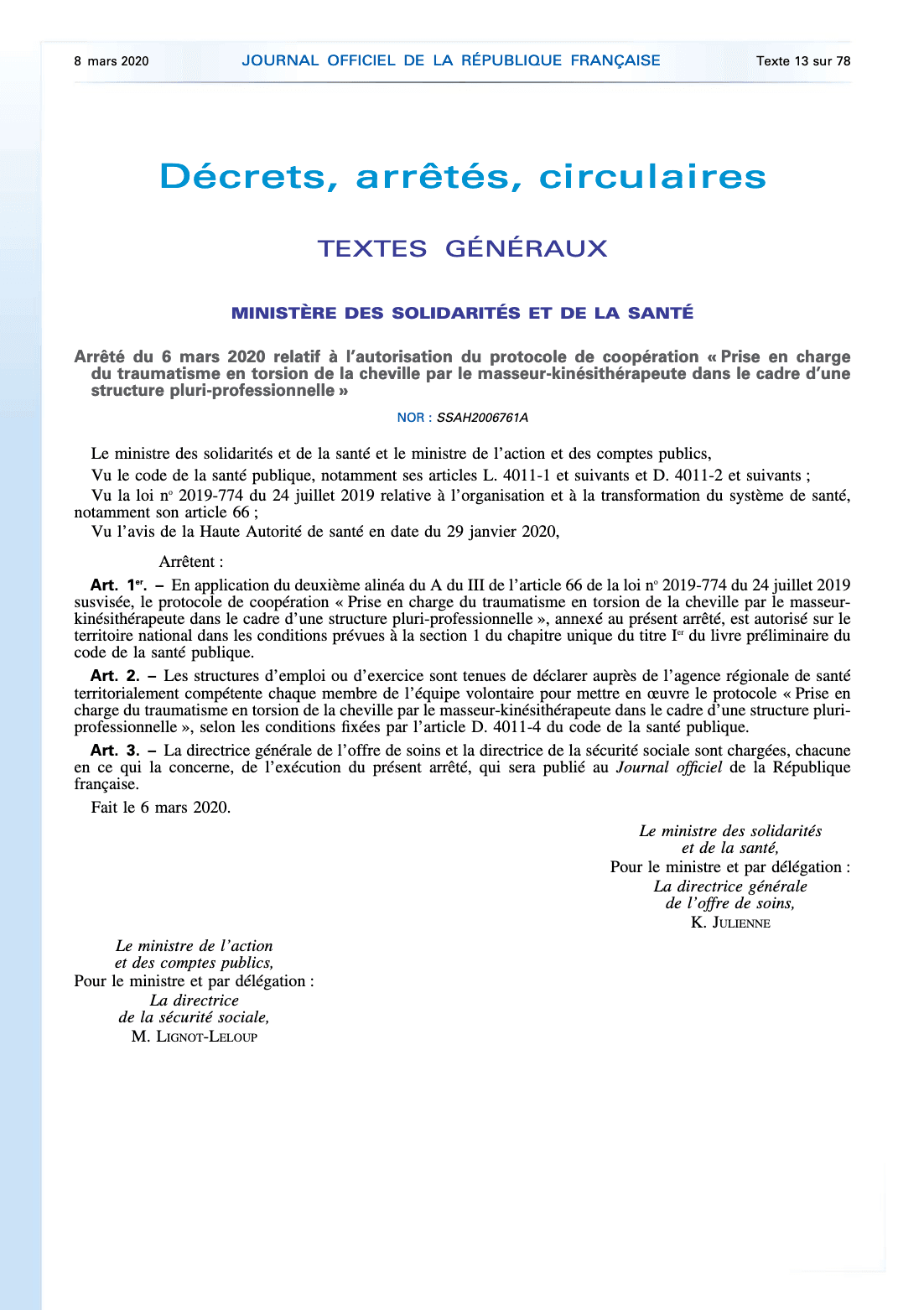 Couverture du décret de « Prise en charge du traumatisme en torsion de la cheville par le masseur-kinésithérapeute dans le cadre d’une structure pluri-professionnelle »