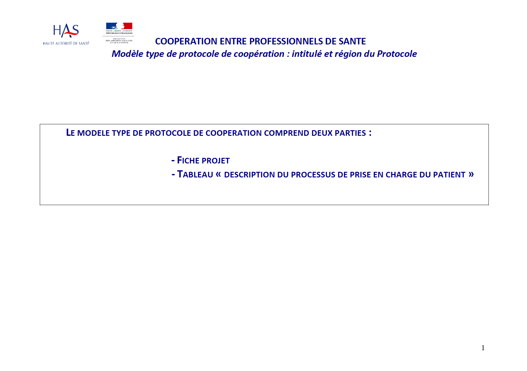 Couverture d'un modèle type de protocole de coopération par la HAS et le ministère