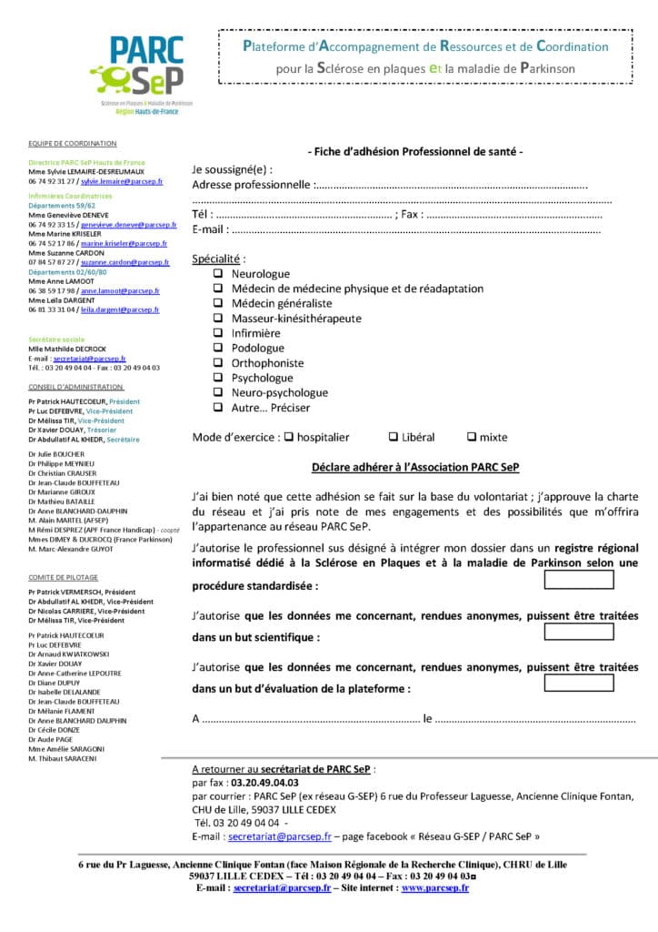 Fiche d'adhésion Professionnel de santé PARC SeP