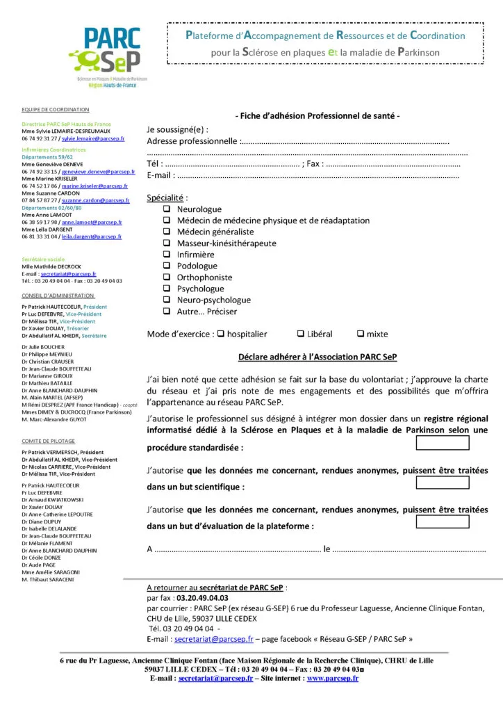 Fiche d'adhésion Professionnel de santé PARC SeP